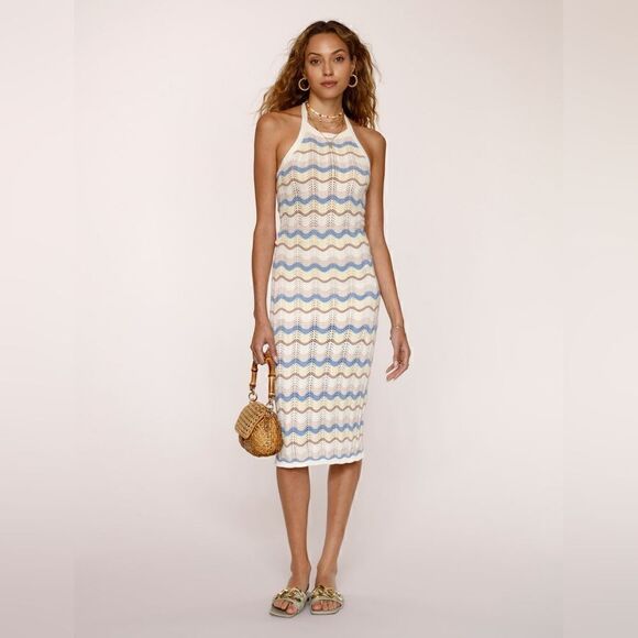 Heartloom Anka Retro Chevron Halter Midi Dress In Ecru Size Small NWT - Picture 1 of 15